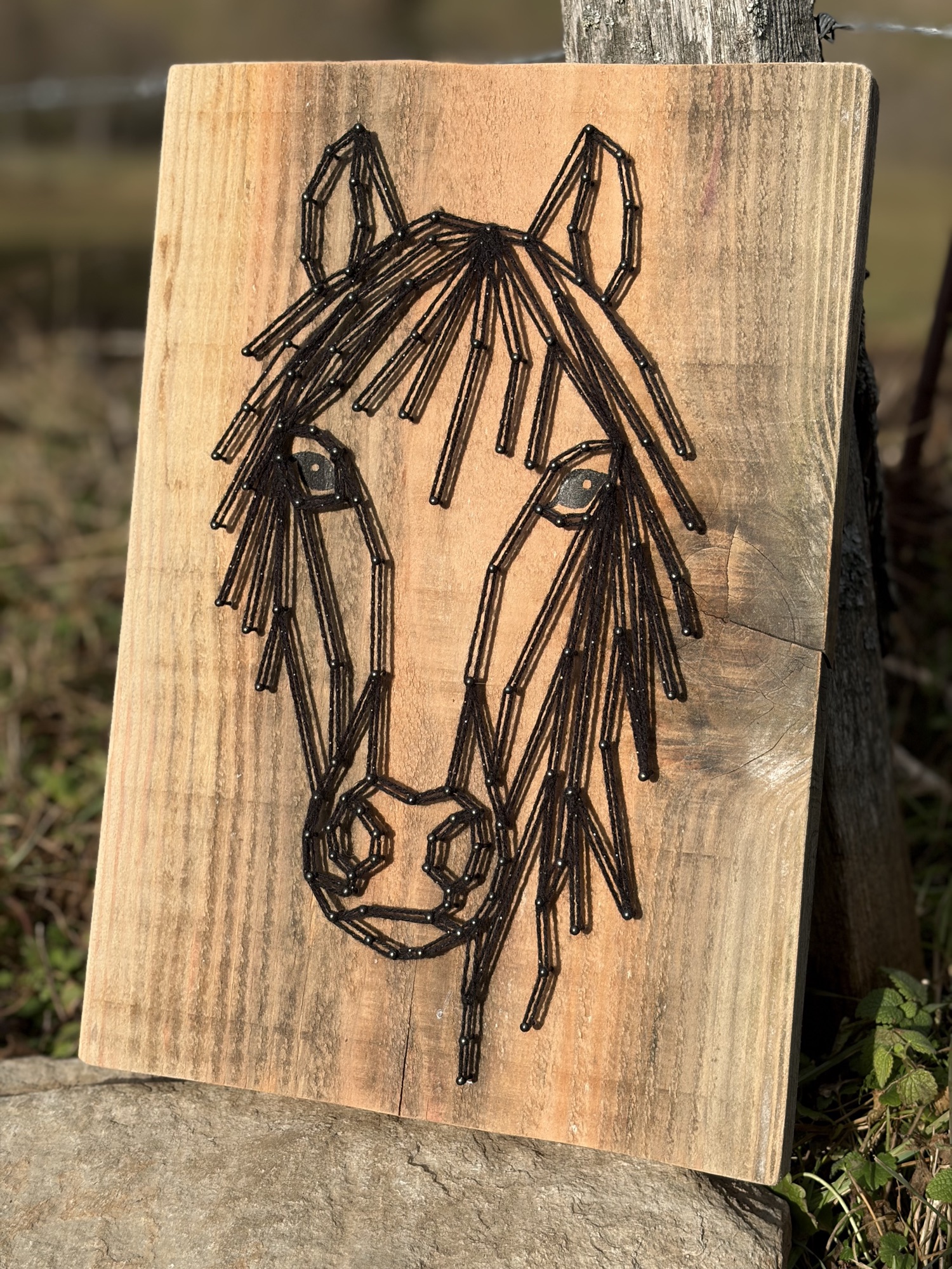 String art portrait de cheval sur planche en bois - Atelier Fachines